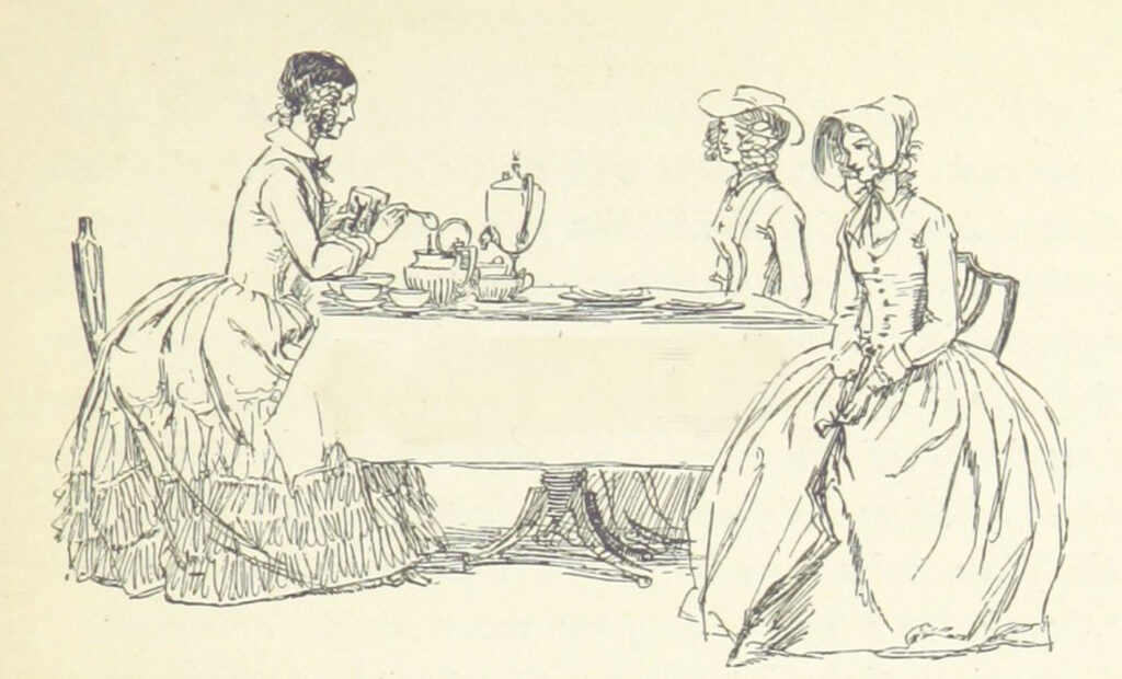 a victorian illustration of women at a table, taking tea.